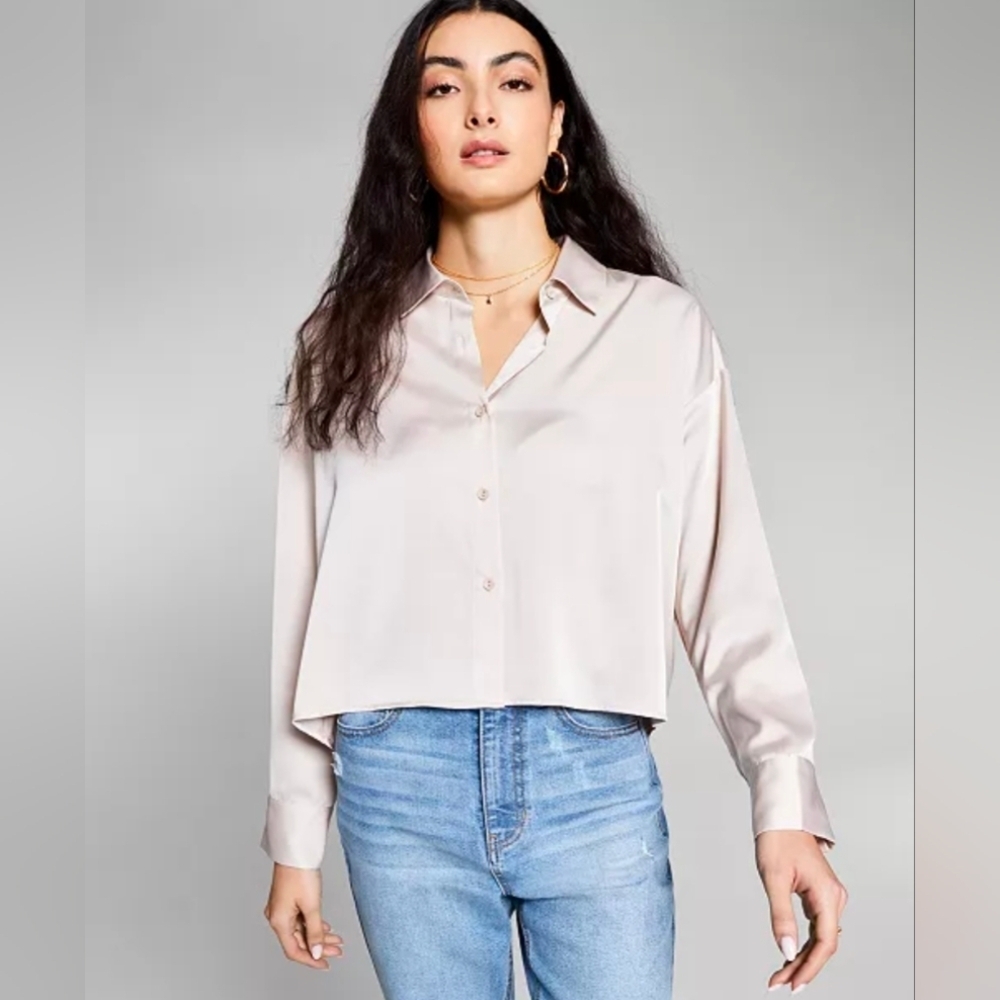 Forever 21 Satin Crop Cream Button Down Shirt
